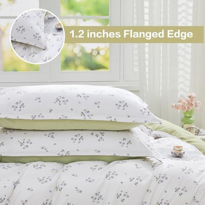 SAPHREAS King Duvet Cover White Cute Floral Bedding Set with 8 Corner Ties and 2 Pillow Shams Microfiber Reversible Duvet Cover Set with Zipper Closure?Green