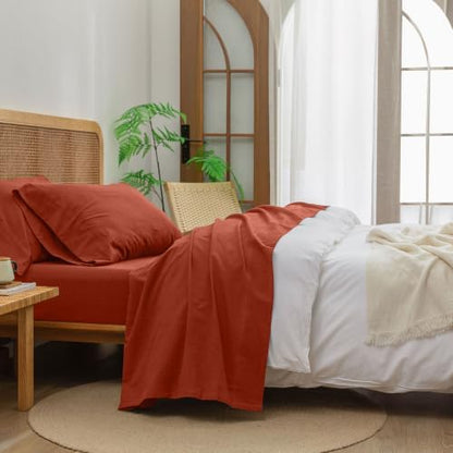 BESTOUCH Sheet Set 100% Washed Cotton Linen Feel Super Soft Comfortable Chic Lightweight 4 Pcs Home Bedding Set Solid Burnt Brick Red Queen