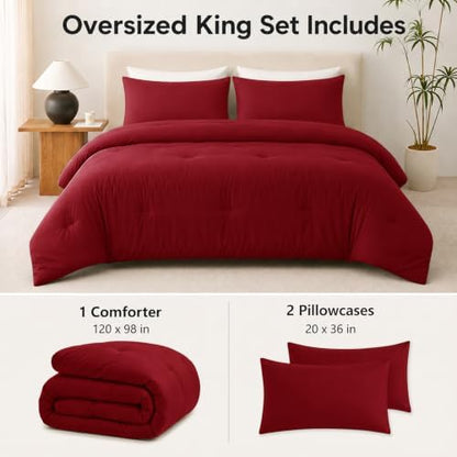 CozyLux Oversized King Comforter Set, 3 Pieces Dark Red Quilted Bedding