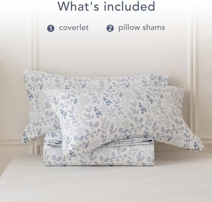 Lady Ann Oversized Queen Quilt Set, Blue and White Floral & Leaves Pattern Plant Botanical Printed Quilted 102x118 Bedspread Set, Vintage Coverlet Ultra Soft Cotton Coverlet with Pillow Shams, 3 PCS