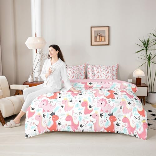 Feelyou Pink Dinosaur 7 Piece Bedding Set Cute Dinosaur Comforter Set with Sheets for Kids Boys Girls Crown Print Bed in a Bag Kawaii Animal Bed Set Soft Lightweight