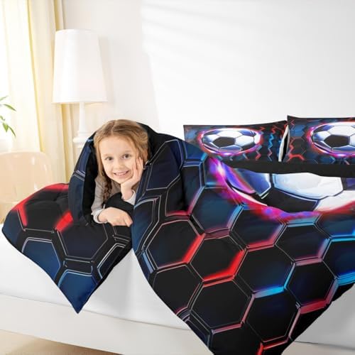 FootballComforter Set King Size,Soccer Game Ball Sports Kids Bedding Set,Geometric Honeycomb Hexagon Quilt Comforter,Black Red Duvet Insert,2 Pillowcases