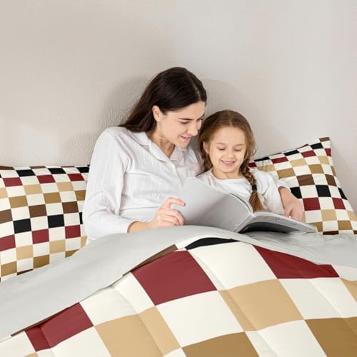 Feelyou Checkered Geometric Bedding Set for Boys Girls Brown Red Black Plaid Comforter Set King Size Checkerboard Modern Aesthetic Duvet Quilt Reversible Grey Bedroom Decor 3 Pcs with 2 Pillow Cases