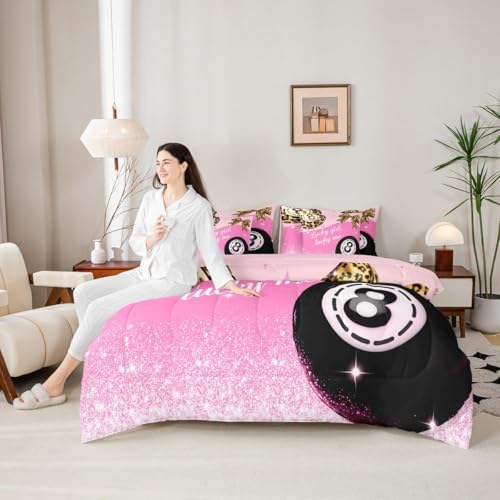 Pink Girly Fashion Y2K Full Comforter Set 7 Piece Trendy Leopard Lucky 8 Ball Bedding Set For Kids Girls Teen,Cheetah Print Bow Bed In A Bag Preppy Room Decor,Fashion Coquette Aesthetic Bed Set