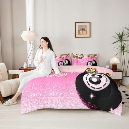 Pink Girly Fashion Y2K Full Comforter Set 7 Piece Trendy Leopard Lucky 8 Ball Bedding Set For Kids Girls Teen,Cheetah Print Bow Bed In A Bag Preppy Room Decor,Fashion Coquette Aesthetic Bed Set