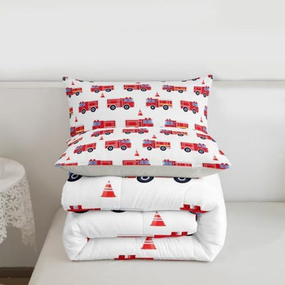 Erosebridal Cartoon Fire Truck Bedding Set King, Red Firemen Car Comforter Set, Fire Engine Comforter for Kids Men Teens Boys Room Decor, White Quilt with 2 Pillowcases, 3 Pcs, Microfiber