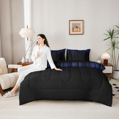 Feelyou Neon Blue Black Comforter Set King Size 7 Pieces Geometric Bedding Set for Kids Boys Girls Ombre Bed in a Bag with Comforter, Sheets, Pillowcases, Cushion Covers Lightweight