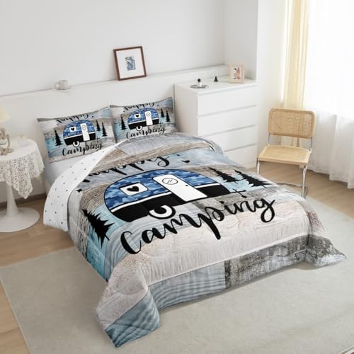Manfei Happy Camping Camper RV Kids Comforter Set Queen Size,Pine Tree Camo Rustic Farmhouse Adventure Bedding Set,Wooden Plank Cabin Quilt Comforter,Teal Retro Duvet Insert,2 Pillowcases