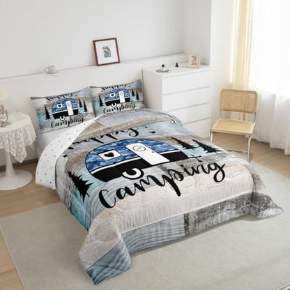 Manfei Happy Camping Camper RV Kids Comforter Set Queen Size,Pine Tree Camo Rustic Farmhouse Adventure Bedding Set,Wooden Plank Cabin Quilt Comforter,Teal Retro Duvet Insert,2 Pillowcases