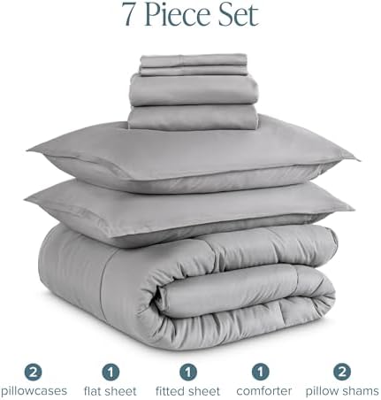 Bare Home Bed-in-A-Bag 7 Piece Comforter & Sheet Set - Queen - Goose Down Alternative - Ultra-Soft 1800 Premium - Bedding Set (Queen, Light Grey/Light Grey)