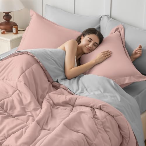 JOLLYVOGUE Twin XL Comforter Set, Ultra-Soft Bed in a Bag Twin XL Size 5 Pieces, Oeko-TEX Certified Bedding Set with Down Alternative Comforter, Sheets, Pillowcases & Shams, Pink & Light Grey