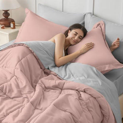 JOLLYVOGUE Twin XL Comforter Set, Ultra-Soft Bed in a Bag Twin XL Size 5 Pieces, Oeko-TEX Certified Bedding Set with Down Alternative Comforter, Sheets, Pillowcases & Shams, Pink & Light Grey