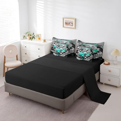 Castle Fairy Racing Car Comforter Set Bed in a Bag 7 Pieces Full,Boys Men Speed Sport Bedding Set,Vintage Abstract Geometric Track (Comforter+Fitted+Flat Sheet+2 Pillowcases+2 Throw Pillow Covers)