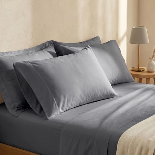 BIOWEAVES 100% Organic Cotton Sheets, 300 Thread Count 4-Piece GOTS Certified Bed Sheet Set Fits Mattress Upto 17" Deep Pocket, Soft & Silky Sateen Weave (Full, Grey)