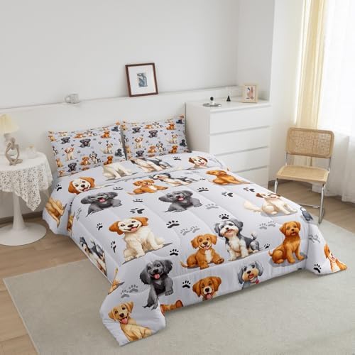 Feelyou Kids Cute Dog Comforter Set Cartoon Dogs Bedding Set for Boys Girls Pet Dog Puppy Animal Lover Comforter Lovely Dog Paw Comforter for All Season Room Decor King Size Boys