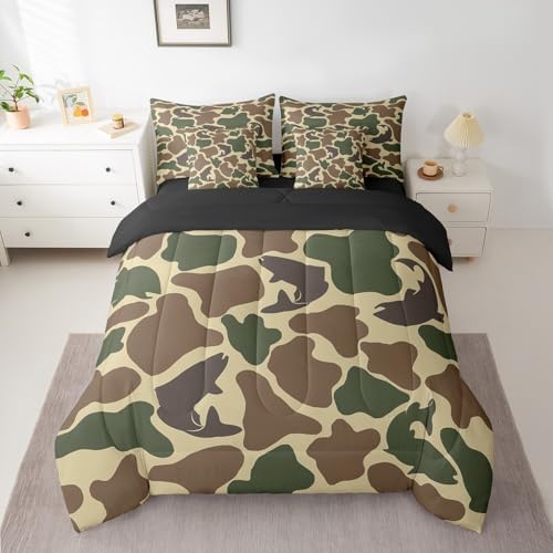 Erosebridal Bass Fish Queen Comforter Set Fishing Camo Bedding Sets 7Pcs Rustic Farmhouse Bed in a Bag Army Camouflage Sheet Set with Comforter Vintage Brown Green Decor Bed Set Outdoor Camping Gifts