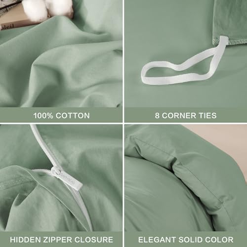 SAPHREAS 100% Washed Cotton Duvet Cover Queen Size Set, Linen Like Comforter Cover with Zipper Closure & Corner Ties (No Comforter), 90x90 Sage Green