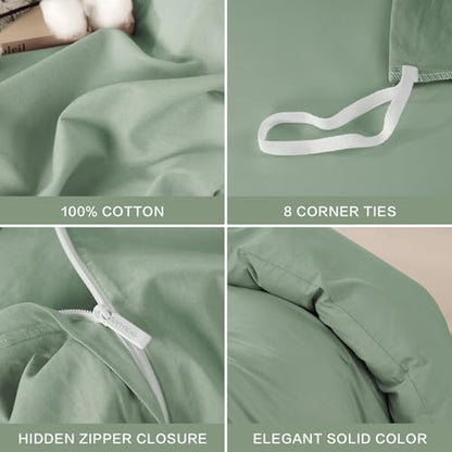 SAPHREAS 100% Washed Cotton Duvet Cover Queen Size Set, Linen Like Comforter Cover with Zipper Closure & Corner Ties (No Comforter), 90x90 Sage Green