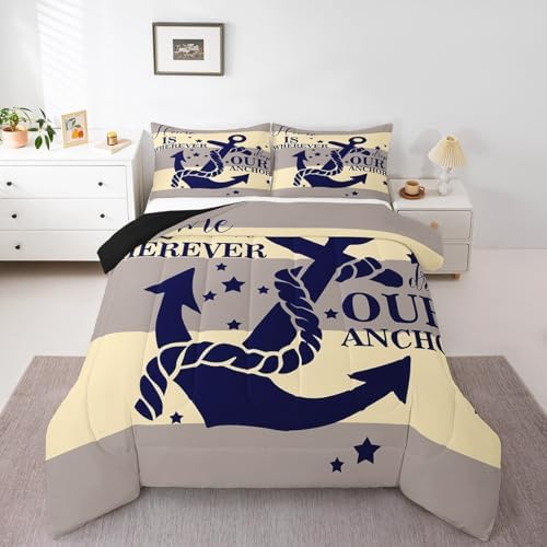 Navy Blue Anchor Comforter Set Full Ocean Nautical Bedding Set For Kids Boys Teen Men,Retro Yellow and Grey Geometric Stripe Comforter Coastal Marine Quilt Bedding Summer Soft Lightweight Duvet 3 Pcs