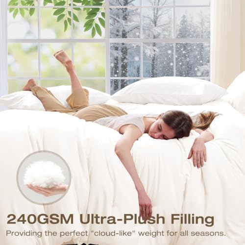 Sasttie Queen Comforter Set 7-Piece Ivory, Pre-Washed Bed in a Bag