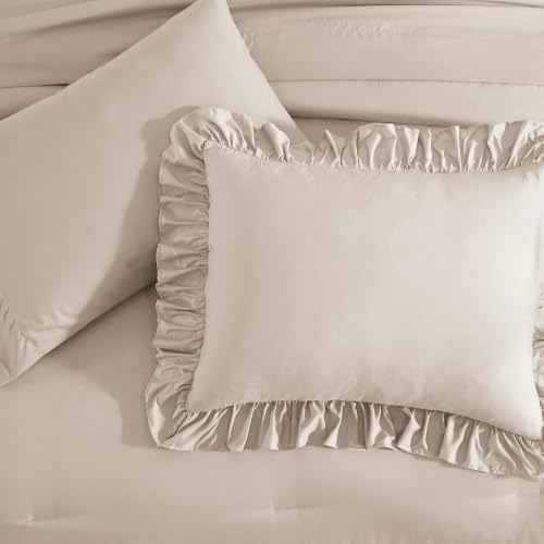 AMBERSPACE Queen Comforter Set Beige Ruffle 7 Pieces Farmhouse Bed in a Bag