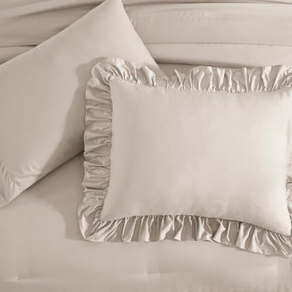 AMBERSPACE Queen Comforter Set Beige Ruffle 7 Pieces Farmhouse Bed in a Bag