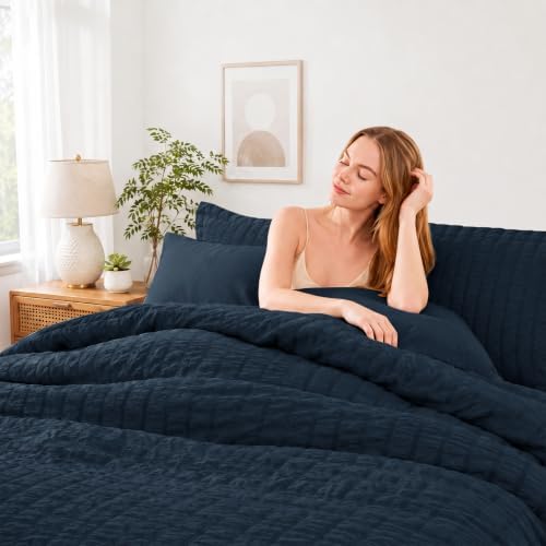 HIMEET King Comforter Set, 7-Piece Seersucker Bed in a Bag, Navy Blue