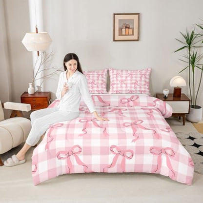jejeloiu Girls Pink Bow Kids Comforter Set King Size Bow Bedding Set Cute Bowknot Duvet Quilt for Kids Boys Girls Bedroom Decor Microfiber Ultra Soft Breathable