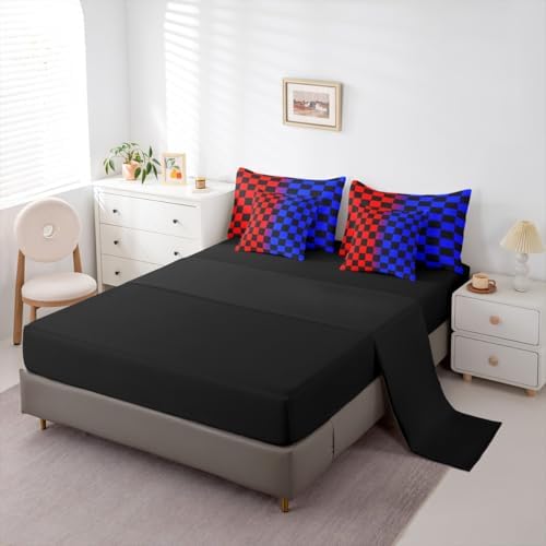 Checkered Comforter Set With Sheets 7 Piece Twin Size Red Blue Plaid Bed in a Bag Kids Boys Girls Cute Retro Neutral Checkerboard Geometric Bedding Set Vintage Aesthetic Bedroom Decor Breathable Soft