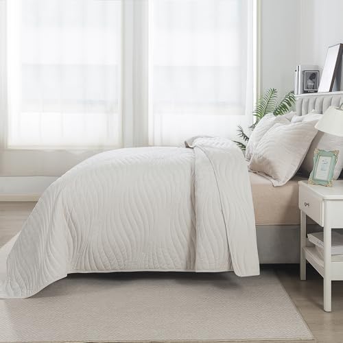 HoneiLife Quilt Set Queen Size - Velvet Quilt Sets 3-Pieces, Stripe Bedspread for Queen Beds, Queen Quilt Bedding Sets All Season Quilts- Nature White