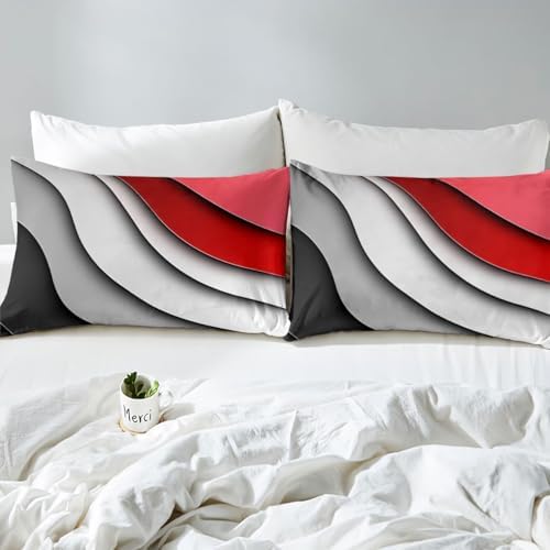 Feelyou Abstract Ombre Red Gray White Bed Sheets Men Adults Teens Ocean Waves Striped Sheet Set Kids Boys Girls Modern Gradient Contemporary Bed Set Bedroom Collection 4Pcs Queen Size