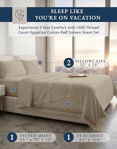 LANE LINEN Sheets for Full Size Bed 100% Egyptian Cotton Sateen - Taupe