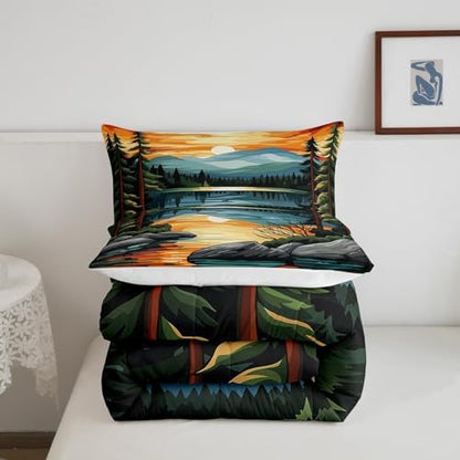 Sunset Comforter Set King Size,Lake House Fishing Camping Bedding Set for Kids Teens Adults Room Decor,Retro Rustic Style Quilt Set,Mountain River Nature Scenery Duvet Insert 3Pcs,2 Pillowcases