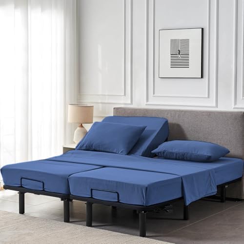 Kingnex Split Queen Sheets for Adjustable Bed Soft 1800 Microfiber 5 Pieces Include 2 30x80 Fitted Sheets 1 Flat Sheet 2 Queen Size Pillowcases Navy