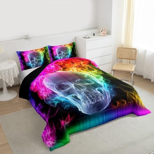 Erosebridal Skull Comforter Set, Skeleton Bones Bedding Set Twin Size Halloween Horror Gold Flame Duvet Sets for Kids Teens Adult Bedroom Decor, Gothic Spooky Bedding Comforters, Warmth Soft