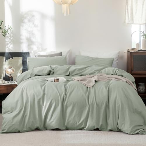 FOSSA Duvet Cover Set 100% Washed Cotton Linen Feel Queen