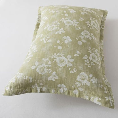 FADFAY Sage Green Sheets Set King 100% Cotton Washed Double Gauze Muslin Bedding 4Pcs Vintage Rose Floral Sheets Shabby Cottagecore Bedding Super Soft & Breathable Deep Pocket Fitted Sheet, King Size
