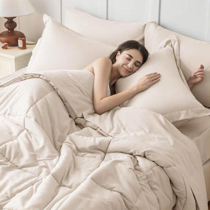 JOLLYVOGUE Twin XL Comforter Set, Ultra-Soft Bed in a Bag Twin XL Size 5 Pieces, Oeko-TEX Certified Bedding Set with Down Alternative Comforter, Sheets, Pillowcases & Shams, Beige