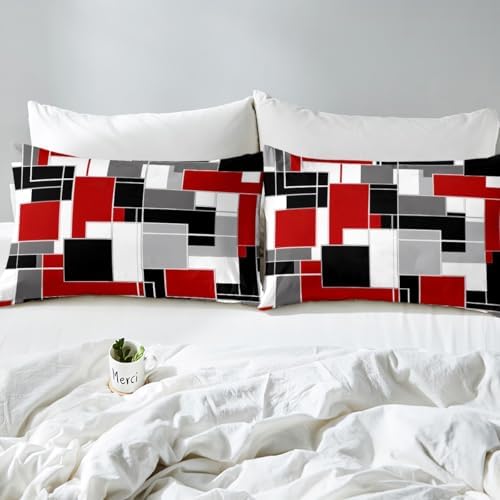 Feelyou Geometric Stripe Sheet Set Kids Abstract Art Rectangle Bed Set for Women Men Modern Bed Sheets Red White Black Sheets Bedroom Collection 3Pcs Twin Size