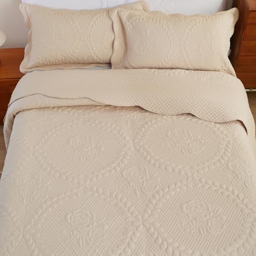 EVENHUG Oversized King Bedspreads California King Quilt Set with Pillow Shams Extra Wide Large King Size Quilts Lightweight Coverlet Bedding Sets Beige 120"x128"