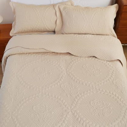 EVENHUG Oversized King Bedspreads California King Quilt Set with Pillow Shams Extra Wide Large King Size Quilts Lightweight Coverlet Bedding Sets Beige 120"x128"