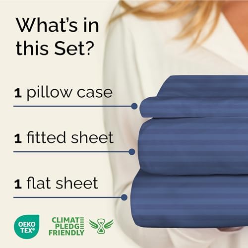 Twin XL 3 Piece Striped Sheet Set - Breathable & Cooling - Blue Stripes