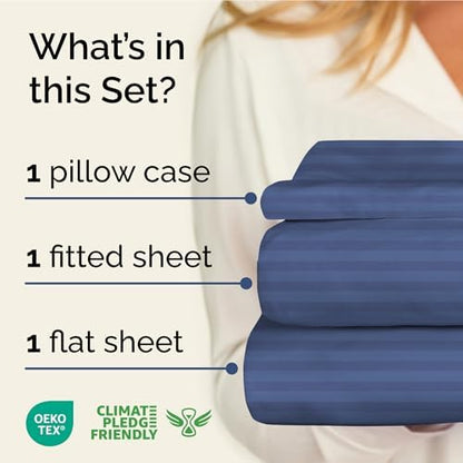 Twin XL 3 Piece Striped Sheet Set - Breathable & Cooling - Blue Stripes
