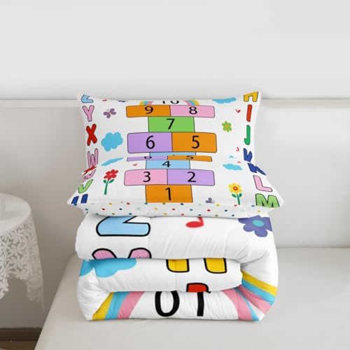 jejeloiu Alphabet ABC Comforter Set All Season Number Learning Bedding Set with 1 Pillow Cases Colorful Educational Microfiber Kids Toddler Bedclothes Bedroom Decor Duvet Quilt
