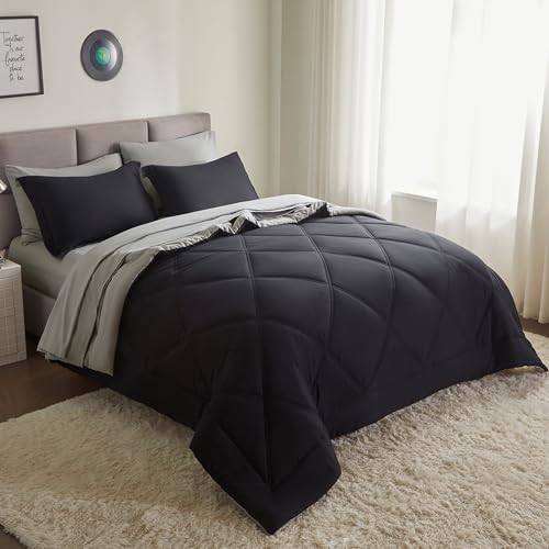 Joiedomi Full Size Comforter Set with Sheets Black, 7 Pieces Full Size Bed Set with 1 Down Alternative Comforter, 1 Flat Sheet, 1 Fitted Sheet, 2 Pillowcases and 2 Pillow Shams, Bed in a Bag