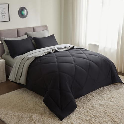 Joiedomi Full Size Comforter Set with Sheets Black, 7 Pieces Full Size Bed Set with 1 Down Alternative Comforter, 1 Flat Sheet, 1 Fitted Sheet, 2 Pillowcases and 2 Pillow Shams, Bed in a Bag