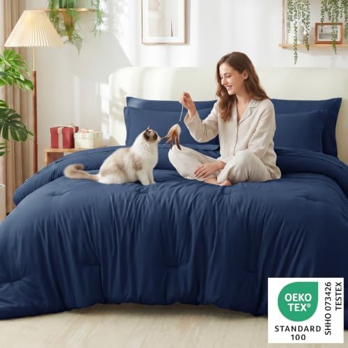 CozyLux California King Comforter Set Navy Blue, 7 Pieces Cal King Bed in a Bag King Comforter Set with Sheets, Bedding Set with Down Alternative Comforter, Sheets, Pillowcases & Shams, Soft Bed Set