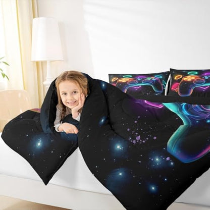 Game Consoles Gamer Bedding Set King Gamer Gifts,Gaming Comforter Sets for Boys Space Glow Geometric Kids Comforter Sets Boys Red Green Blue Teal,Gaming Decor for Bedroom