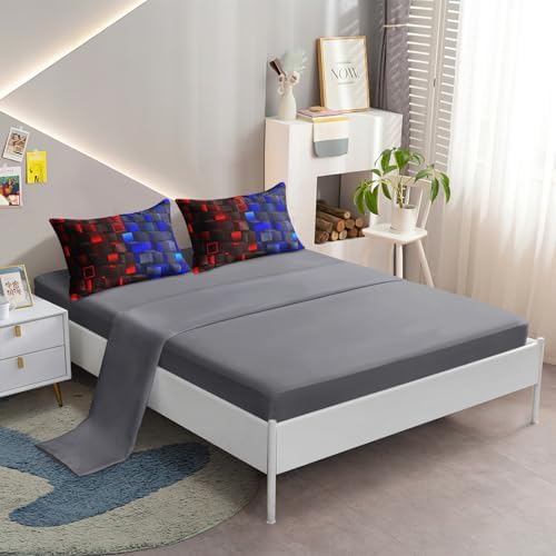 6 Pieces 3D Block Bedding Set Queen Size Red Blue Gaming Block for Boys Comforter Set Bed in A Bag Perfect for Boys Girls Kids Teens Bedroom Decorative Queen09