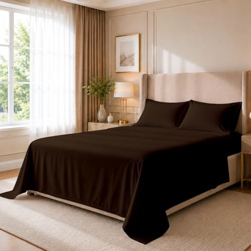 Cottingon 4 Piece Twin Sheets Fits 16" Deep, Egyptian Cotton, Chocolate